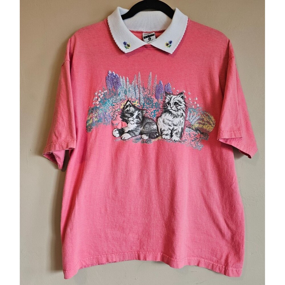 Gopher Sport Women's Floral Cats 100% Cotton Collared Short Sleeve Shirt Pink XL